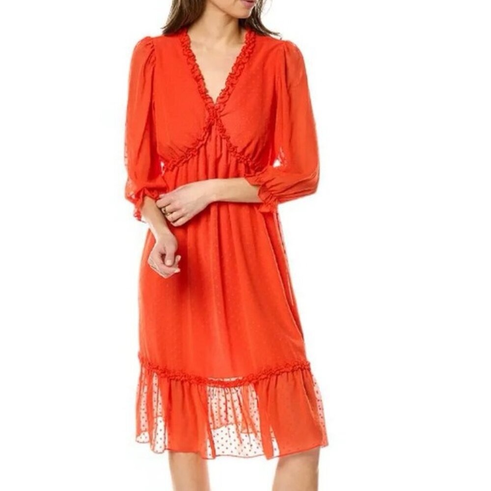 NWT Nanette Lepore Clip Dot 3/4 Sleeve Fully Lined Midi Dress Tangerine Orange